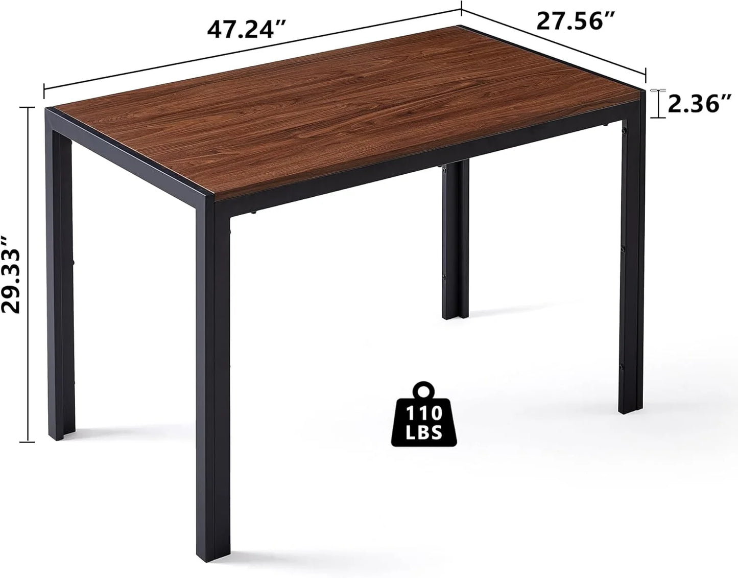 47" Dining Table, 4-Person Indoor Walnut Wood Grain Effect Table with Metal Legs, Rectangular Kitchen Table for Dining Room, Kitchen, Home Office, and Small Spaces