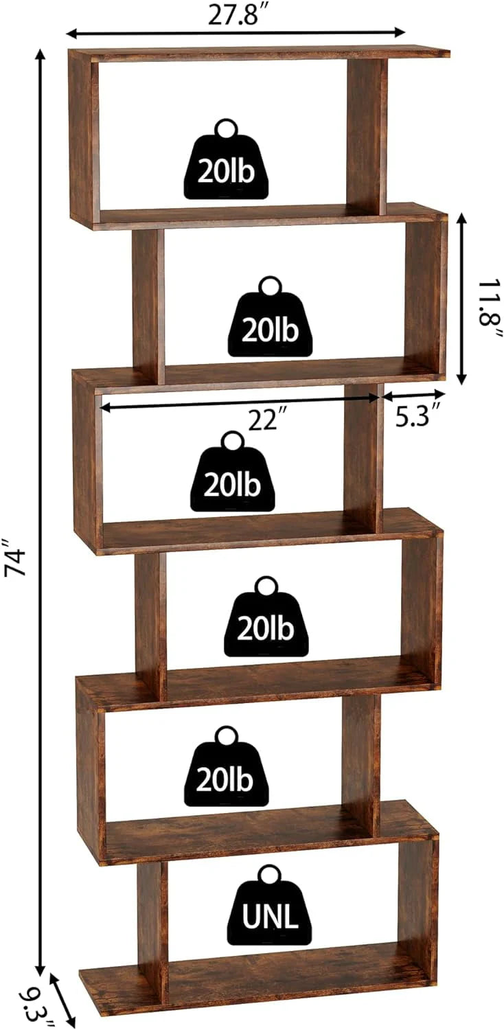 Geometric Bookcase, Bookshelf 6-Tier S Shaped Book Shelves For Bedroom, Modern Wood Decorative Display Shelf Tall Book Case For Home Office, Rustic Brown