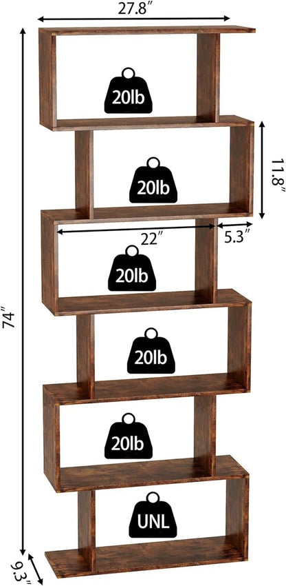 Geometric Bookcase, Bookshelf 6-Tier S Shaped Book Shelves For Bedroom, Modern Wood Decorative Display Shelf Tall Book Case For Home Office, Rustic Brown