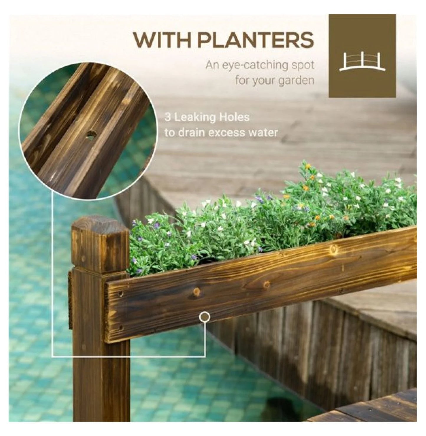 Wooden Garden Bridge Arc Footbridge 90.5" - Stained Fir Wood Outdoor Bridge with Planters - Zen Garden Decor, Walkways, Pond & Stream