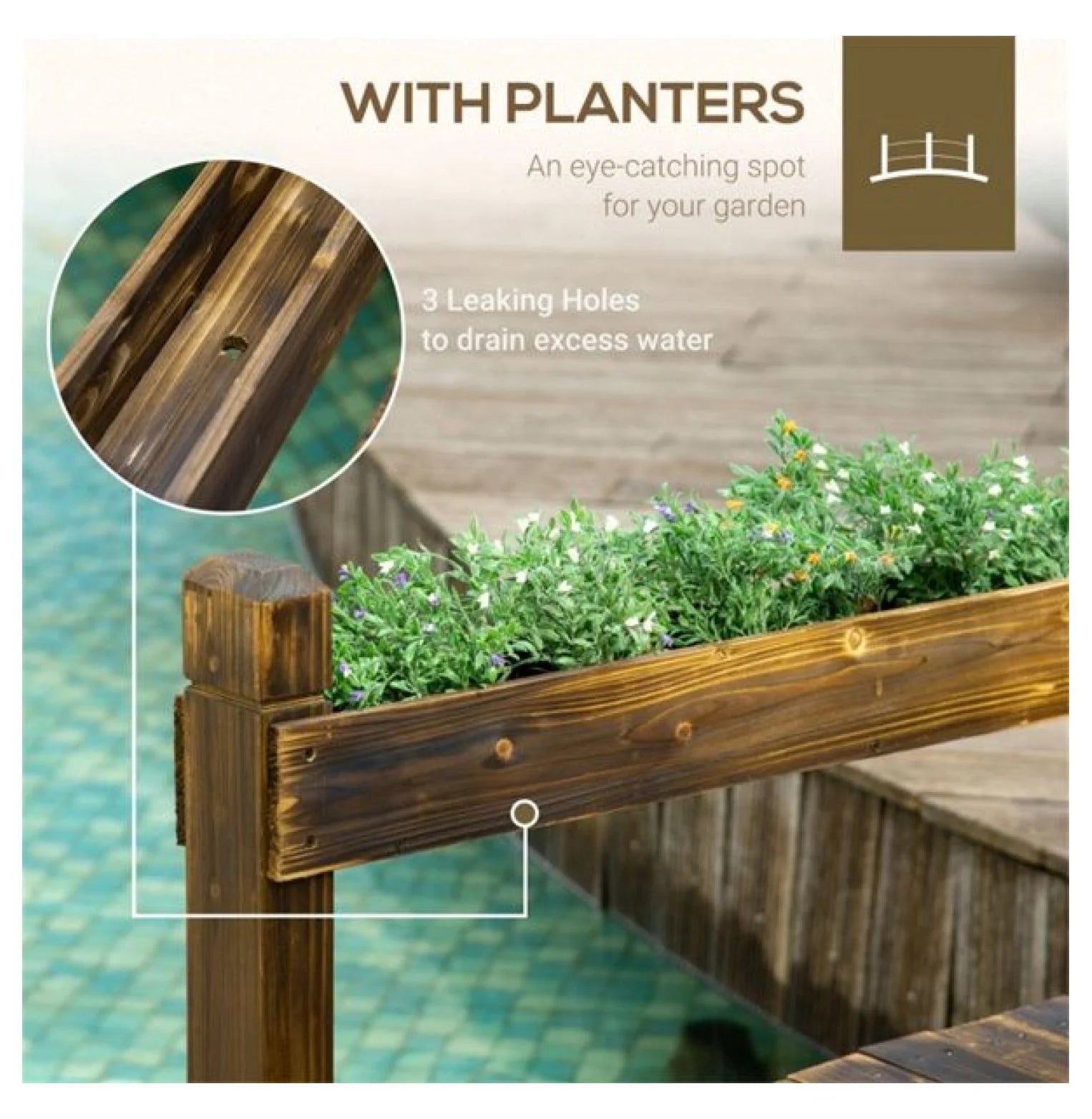 Wooden Garden Bridge Arc Footbridge 90.5" - Stained Fir Wood Outdoor Bridge with Planters - Zen Garden Decor, Walkways, Pond & Stream