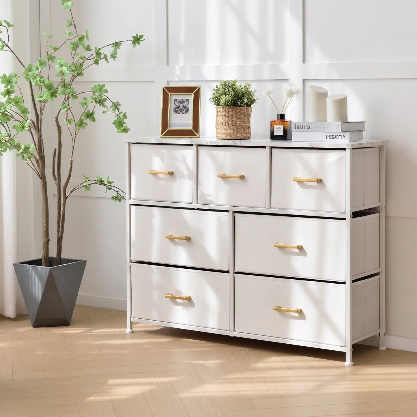 Bigroof 7 Drawer Fabric Dresser Accent White Dresser Chest Storage Organizer for Bedroom with Marbled WoodBoard and Artificial Leather for Living Room, Hallway, Entryway, Closet, Nursery, Kids Bedroom