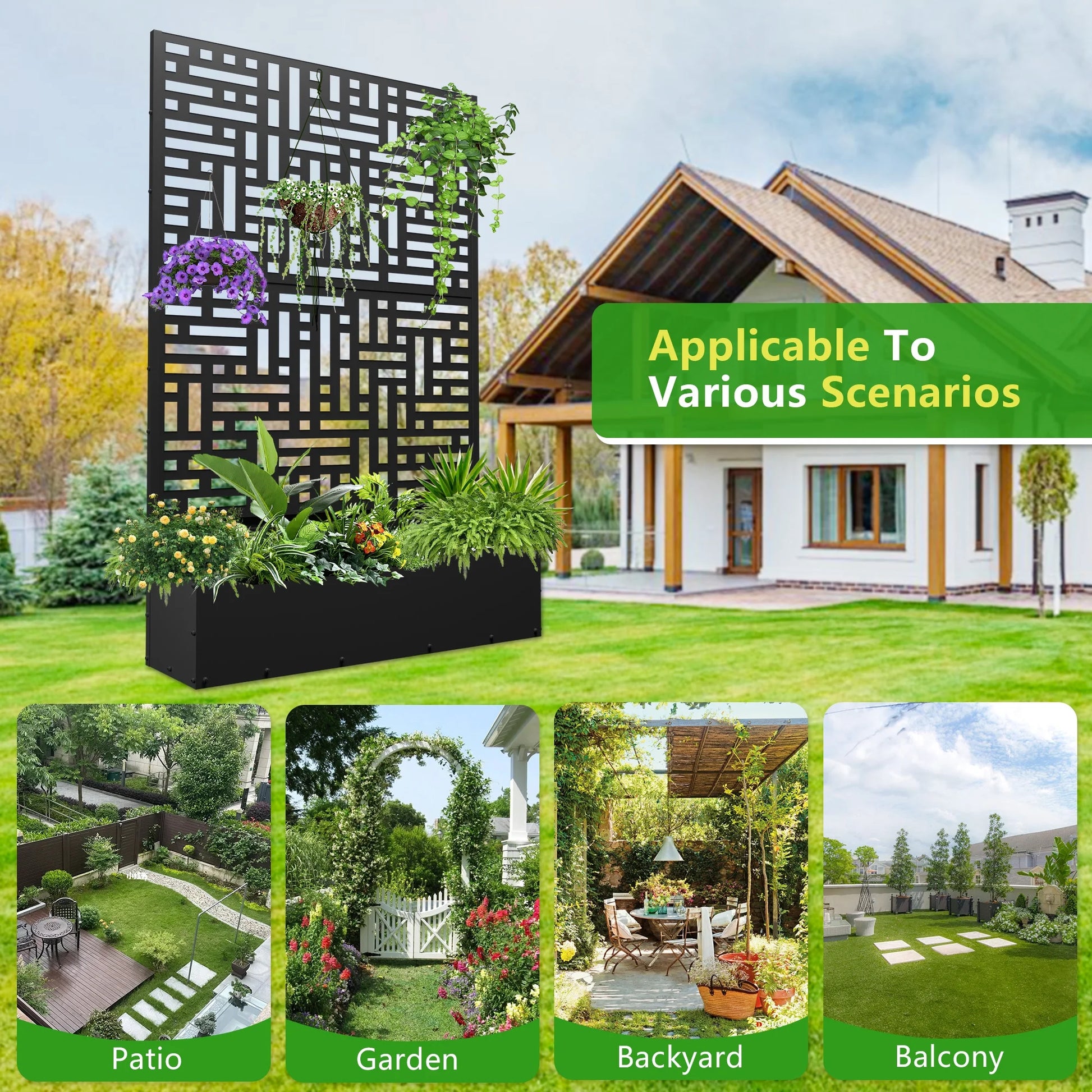 FOOWIN 71'' H Metal Planter with Trellis, Outdoor Raised Garden Bed for Climbing Plants, Trellis Planter Box with Drainage Hole, Black