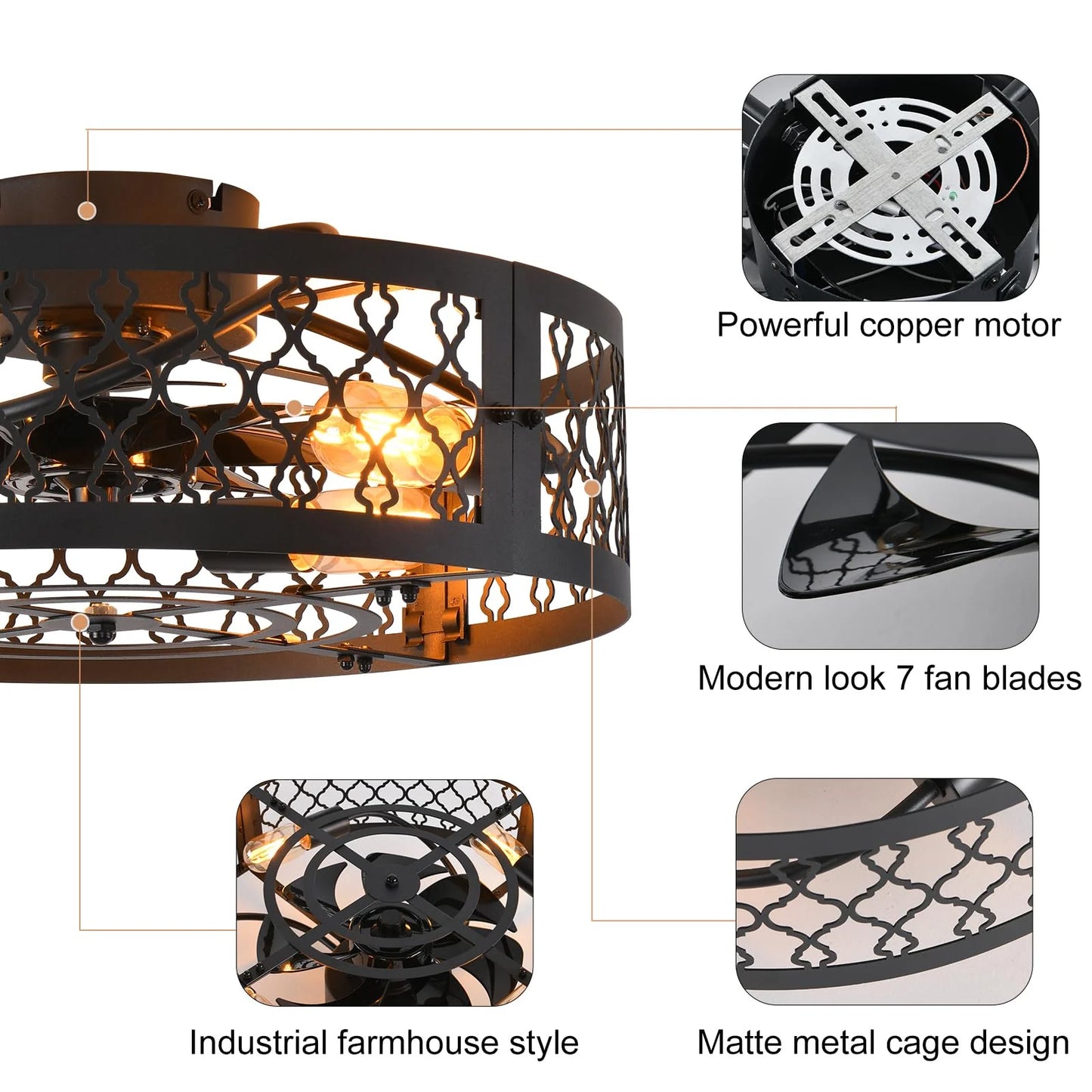 Garwarm 19.6'' Caged Ceiling Fan with Lights, Black Industrial Bladeless Ceiling Fans with Remote, Flush Mount Low Profile Ceiling Fan Fixtures for Home Office,Kitchen, Bedroom,Assembly Require