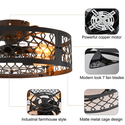 Garwarm 19.6'' Caged Ceiling Fan with Lights, Black Industrial Bladeless Ceiling Fans with Remote, Flush Mount Low Profile Ceiling Fan Fixtures for Home Office,Kitchen, Bedroom,Assembly Require