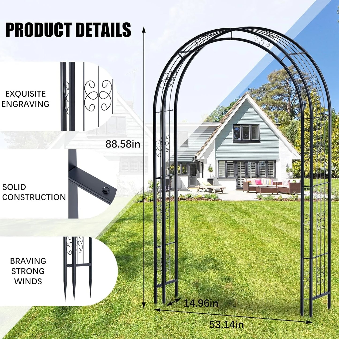 88 in Steel Garden Arch Arbor Trellis for Climbing Plants Outdoor,Yard,Garden,Climbing Plants 7 ft Decorative Wire Lattice,Outdoor Wedding Arch(Black)