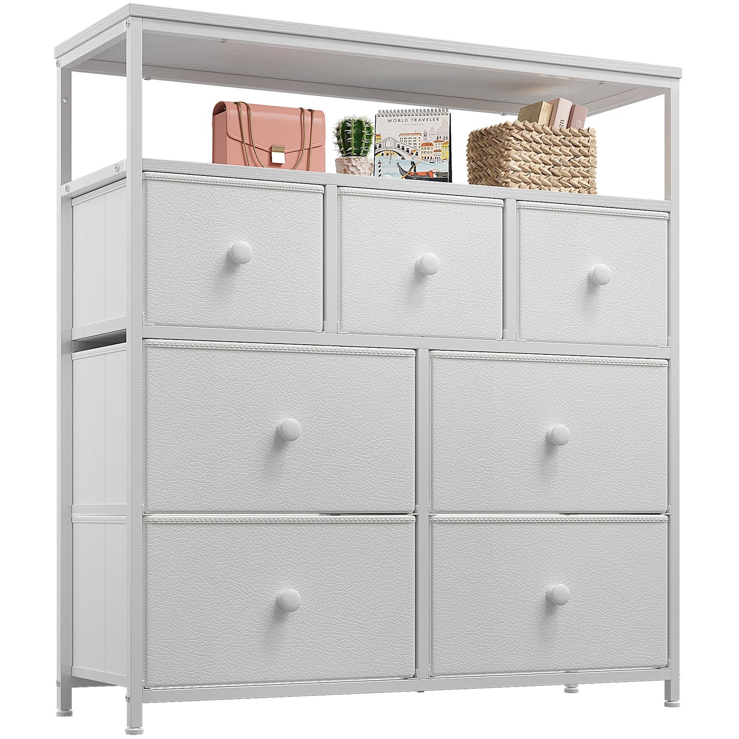 EnHomee Dressers for Bedroom with 7 Drawers Pink Dresser Fabric Chest of Drawers with Shelves Portable Storage Tower Small Dresser for Living Room Nursery Guest Room