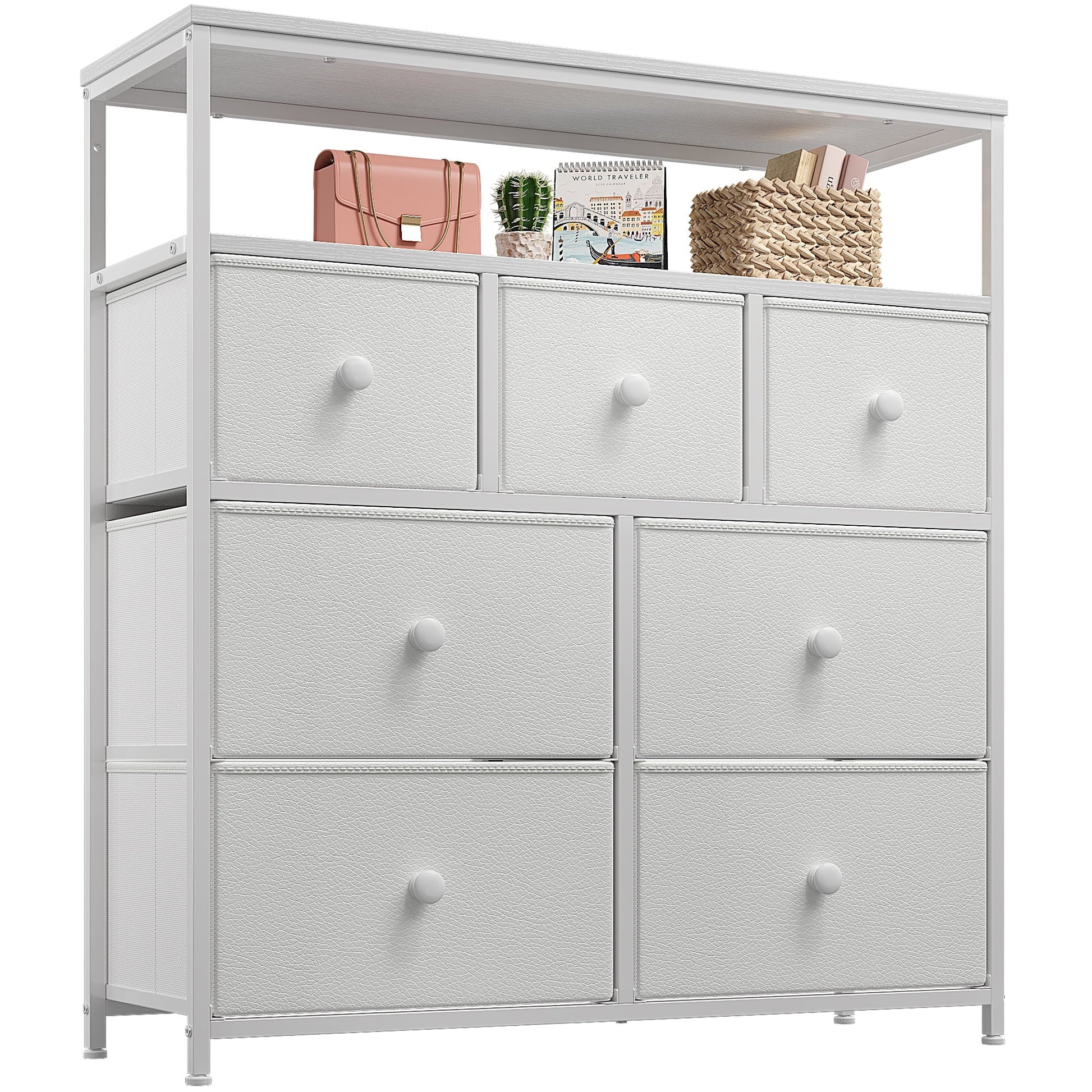 EnHomee Dressers for Bedroom with 7 Drawers Pink Dresser Fabric Chest of Drawers with Shelves Portable Storage Tower Small Dresser for Living Room Nursery Guest Room
