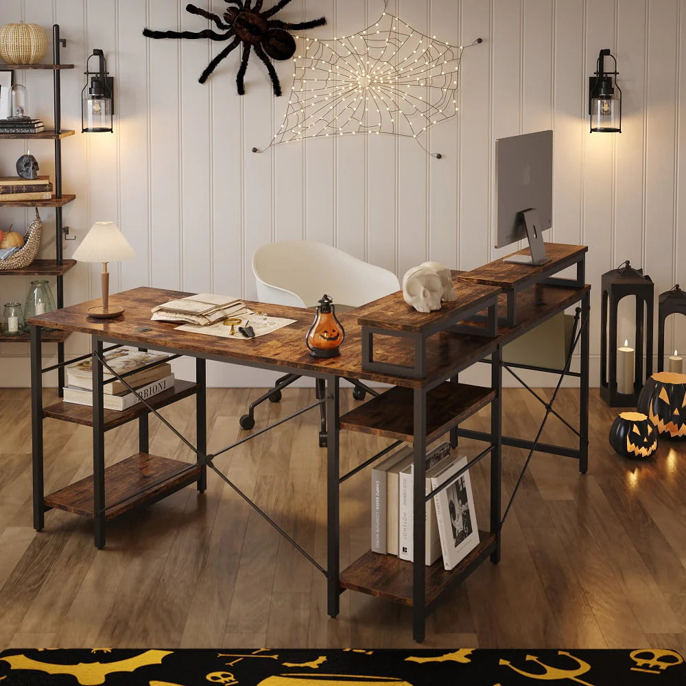Bestier 95.2 inch L Shaped Gaming Desk with Monitor Stand & Keyboard Tray for Home Office in Rustic