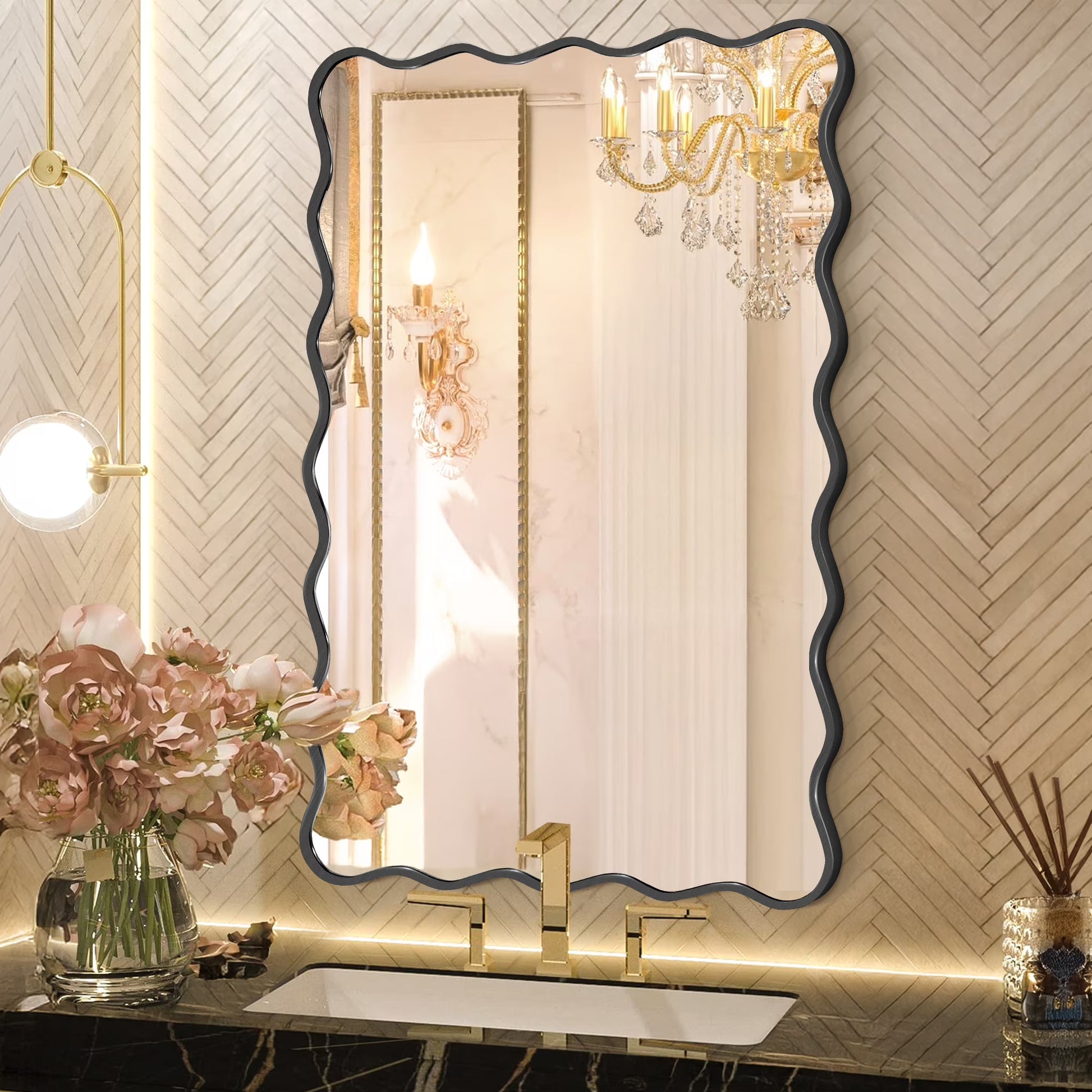 TEWLOSS 24"x36" Rectangle Wavy Wall Mirror Decorative Wall Mirror Gold Aluminum Alloy Framed