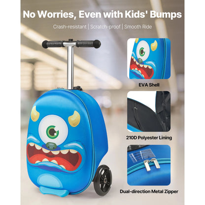 KFFKFF Ride-on Luggage for Kids, 20L Capacity, 20-Inch Scooter Suitcase with Flashing PU Wheels, Adjustable Handle & Non-Slip Grip, Foldable and Lightweight Design for Children Aged 5+, Blue