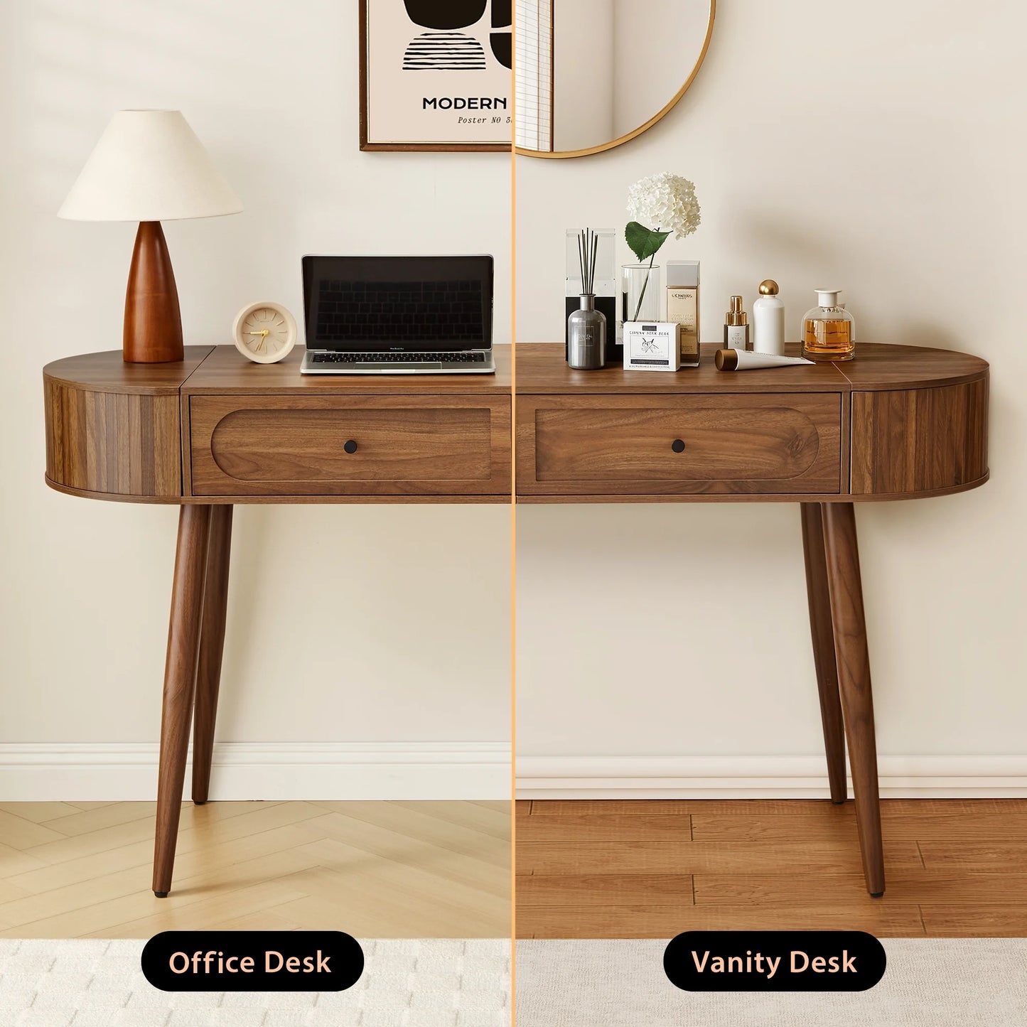 YOCWO Modern Home Office Desk with 2 Drawers and 2 Fflip-top Storage, Oval Computer PC Desk Table, Vanity Desk with Fluted Curved Table Edge, Walnut