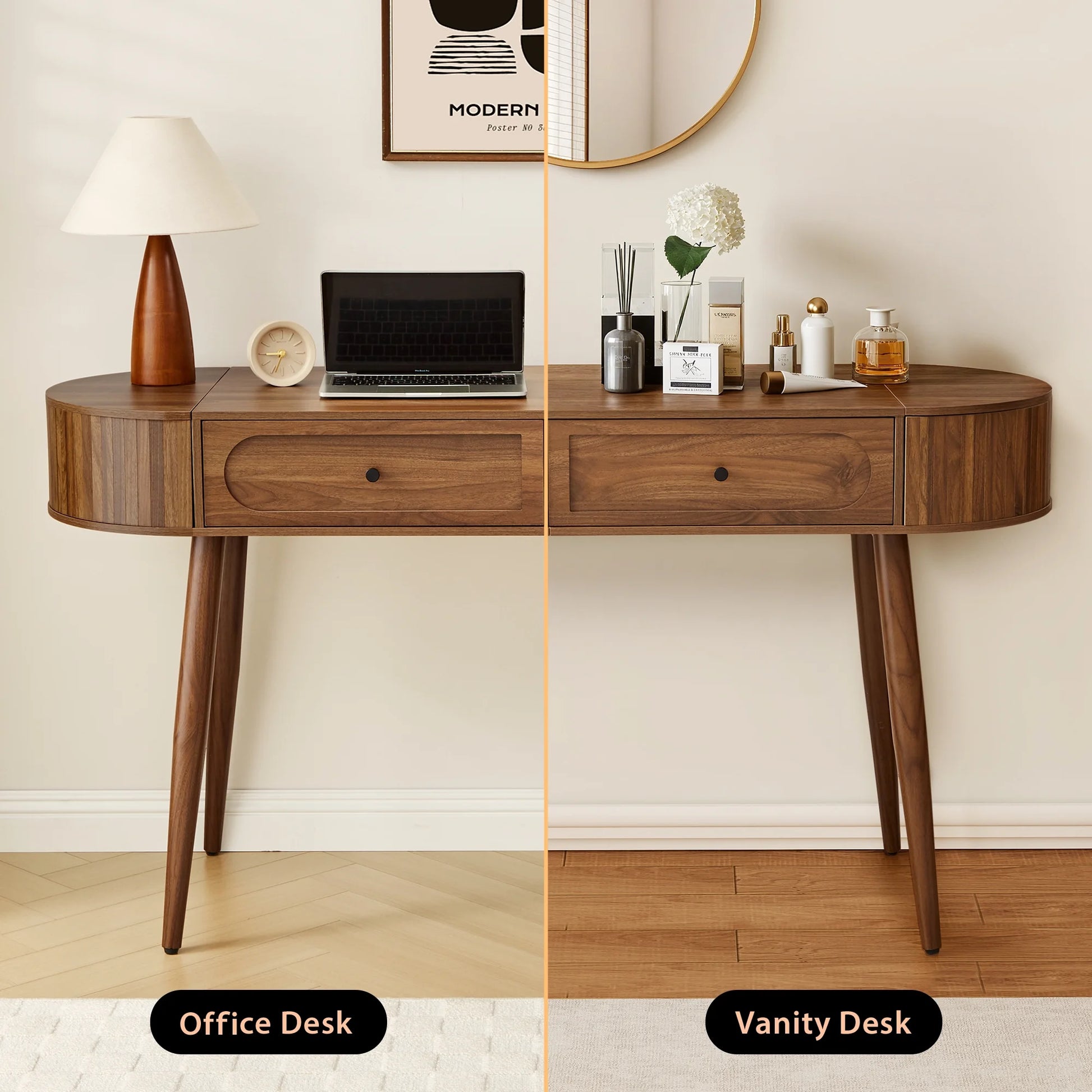 YOCWO Modern Home Office Desk with 2 Drawers and 2 Fflip-top Storage, Oval Computer PC Desk Table, Vanity Desk with Fluted Curved Table Edge, Walnut