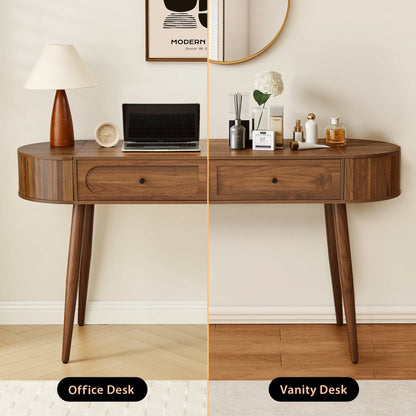 YOCWO Modern Home Office Desk with 2 Drawers and 2 Fflip-top Storage, Oval Computer PC Desk Table, Vanity Desk with Fluted Curved Table Edge, Walnut