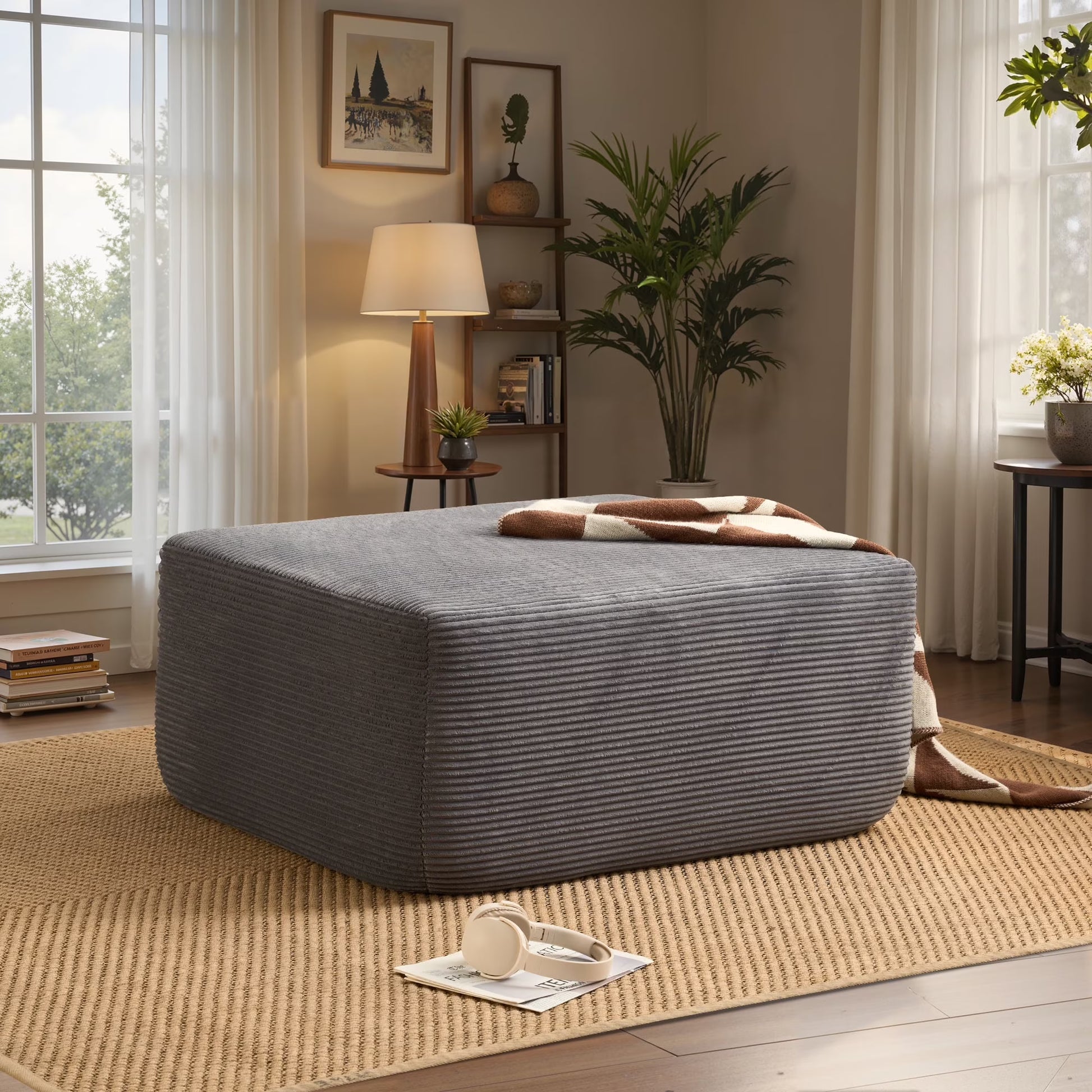Ovios Oversized Ottoman Footrest for Sofa Large Plush Corduroy Pouf Ottoman Coffee Table Rectangle Floor Bench Extra Seating for Living Room, No Assembly, Beige