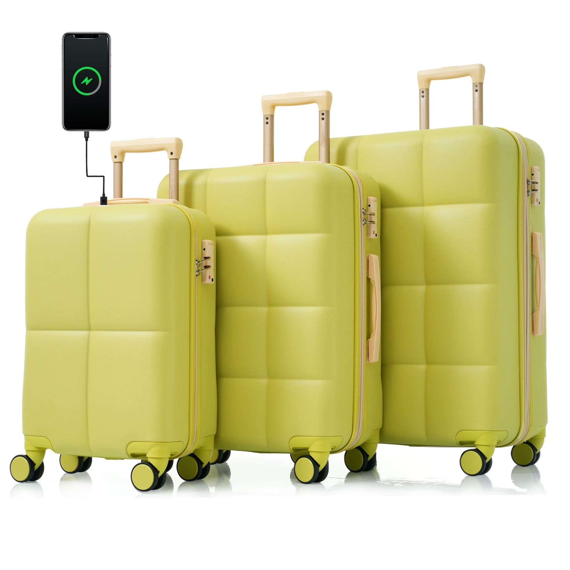 POWANLI 3PCS Luggage Set,20'' Luggage with USB Port, Airline Certified Carry-on Luggage set with Cup Holder, ABS Hard Shell Luggage with Spinner Wheels Beige+Gold