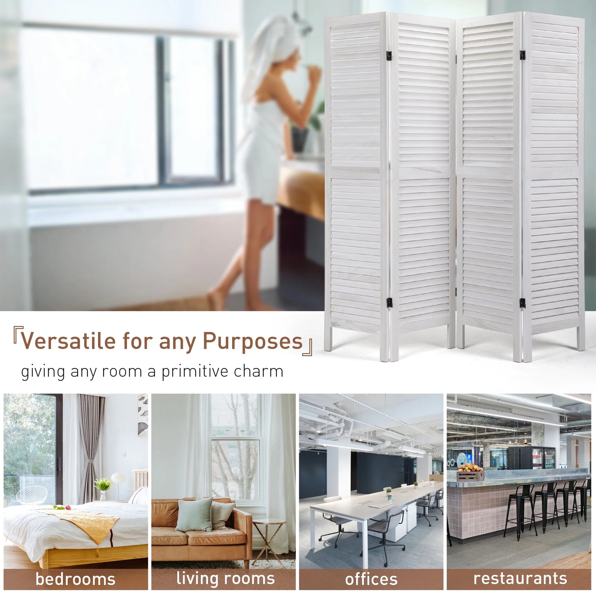 Jaxpety 4 Panel Room Divider Folding Privacy Screen Louvered Partial Partition, Aged White