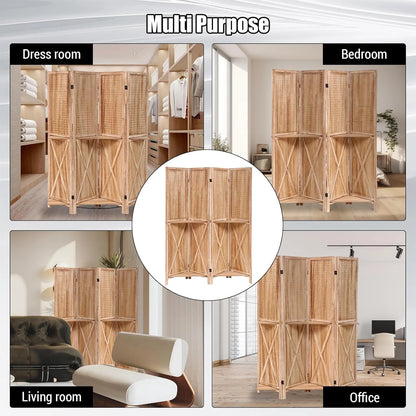 Wooden Room Divider Wall 4 Panel with Holes,5.6FT Tall Room Divider with Shelves,Folding Privacy Screens 67 in for Room Separation Home Office Bedroom