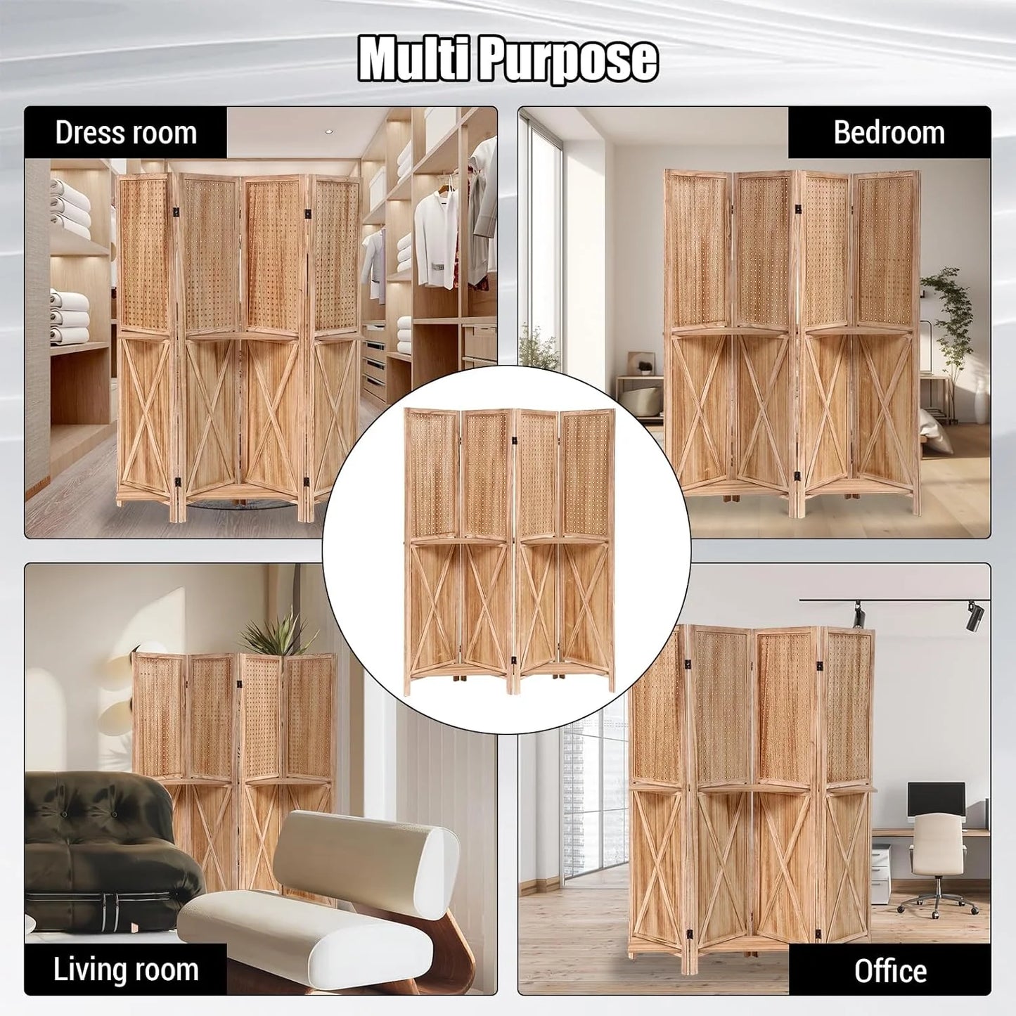 Wooden Room Divider Wall 4 Panel with Holes,5.6FT Tall Room Divider with Shelves,Folding Privacy Screens 67 in for Room Separation Home Office Bedroom