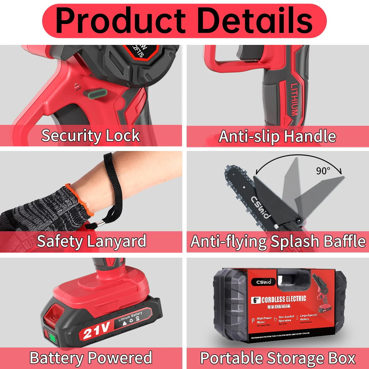 Mini Chainsaw 6 Inch Cordless, 2023 Upgrade Cordless Small Chainsaw, Battery Powered Hand Saw With Security Lock for Trees Branches Trimming Wood Cutting (2Pcs Batteries and 2Pcs Chains), Red