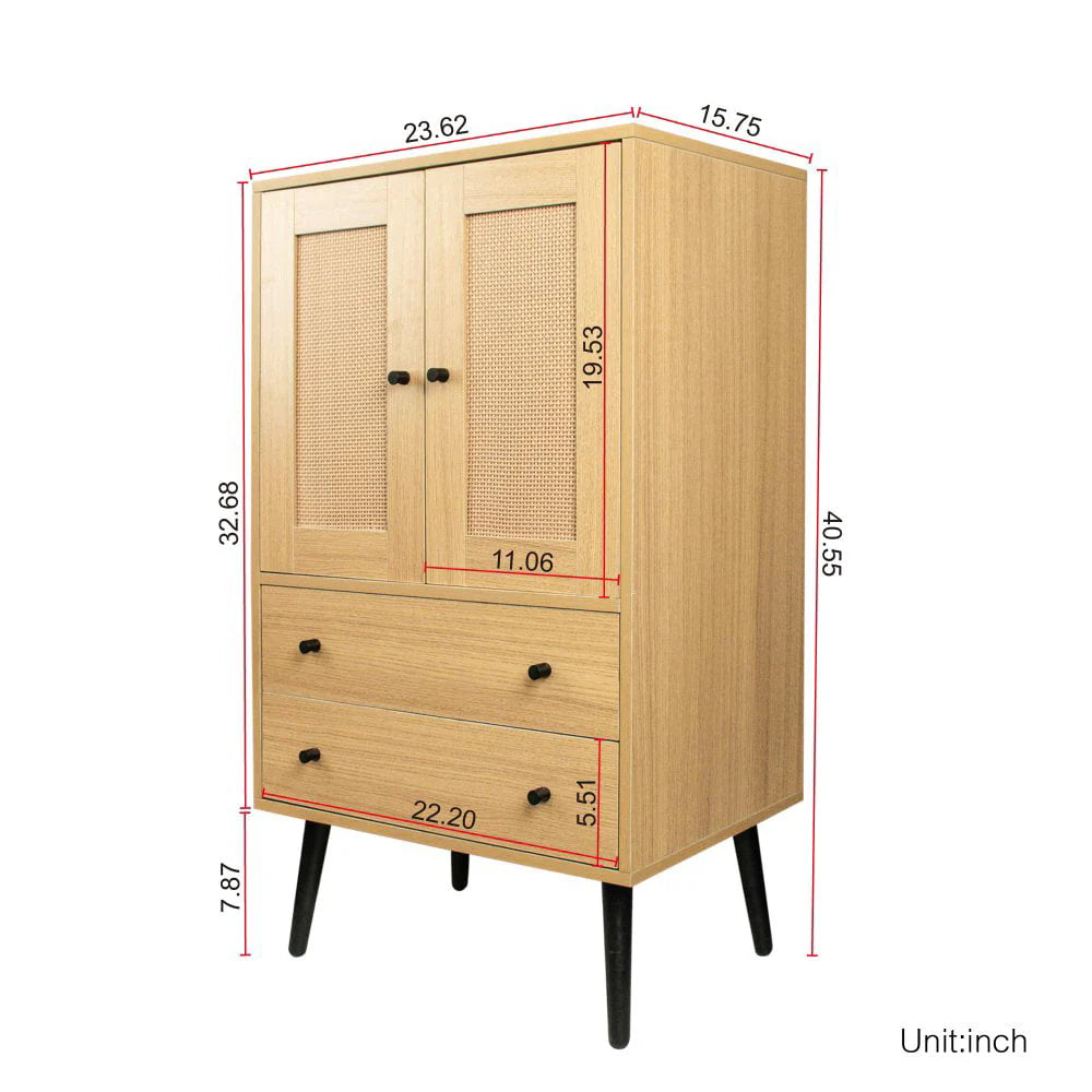 GZXS Storage Cabinet with 2 Rattan Doors & 2 Drawers, Mid Century Modern Buffet Sideboard Kitchen Cupboard for Living Room, Bedroom, Hallway, Home Office, Natural