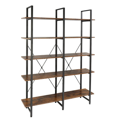 Ktaxon 5-Tier Open Bookcase, Wood and Metal Etagere Bookshelves Display Storage Rack for Home Office Decor, Vintage Brown