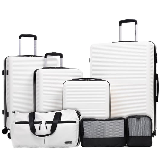 Tripcomp 7-Piece Hardside Luggage Set with TSA Lock Lightweight ABS+PC Suitcase (16/20/24/28 Inch) with 360° Silent Spinner Wheels, Duffel Bag and 2 Packing Cubes (White)