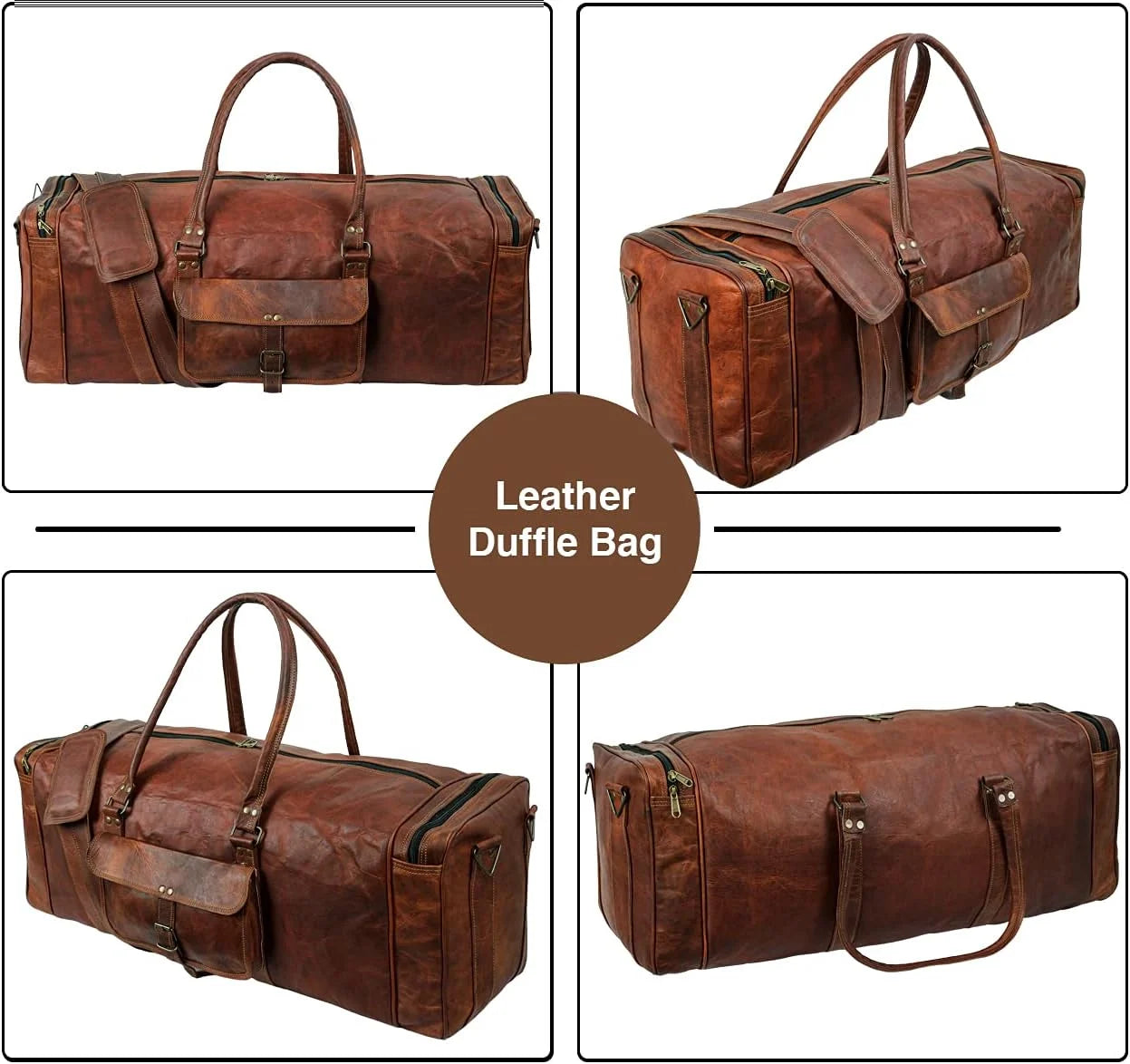 Leather Duffel Weekender Bags Inner Canvas Bag Overnight Travel Carry On Tote Bag Satchel with Adjustable Luggage Strap Sleeve for men & women