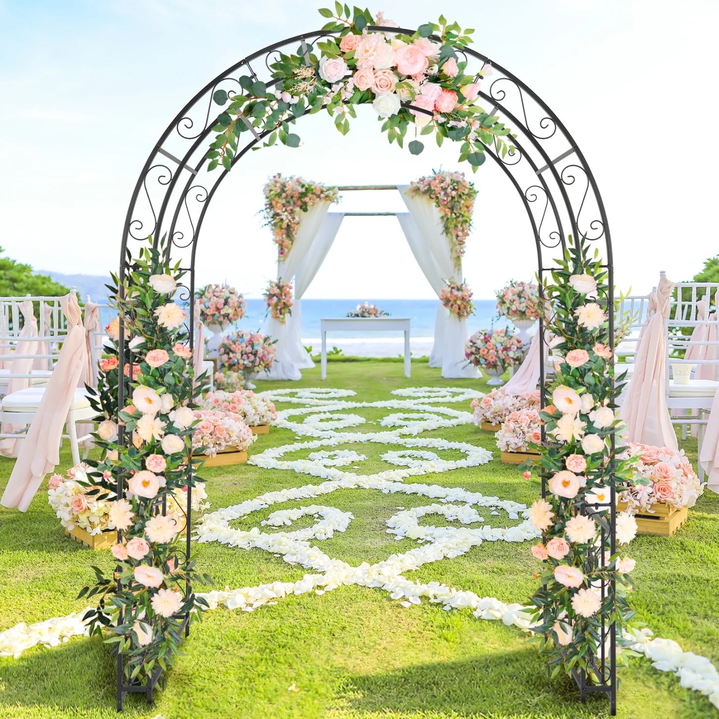 84" Tall Double Layer Iron Garden Arch Trellis, Black, Powder Coated Rustproof Plant Support for Climbing Roses, Vines and Flowers, Decorative Outdoor Wedding Arbor with Easy Ground Stakes