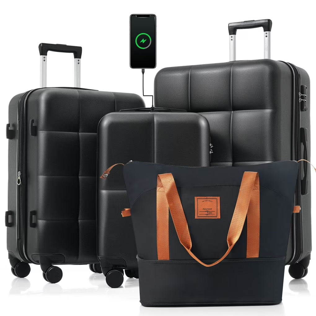 Luggage Sets 4 Piece, Expandable Suitcase Set with USB Port and Cup Holder, ABS Hardshell Carry on Luggage with Spinner Wheels and TSA Lock (20in24in28in), Black