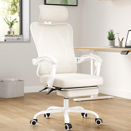 STARY Ergonomic Office Chair with Footrest, High Back Mesh Desk Chair with Adjustable Headrest & Lumbar Support, Comfortable Computer Chair for Home Office Study, White & Beige