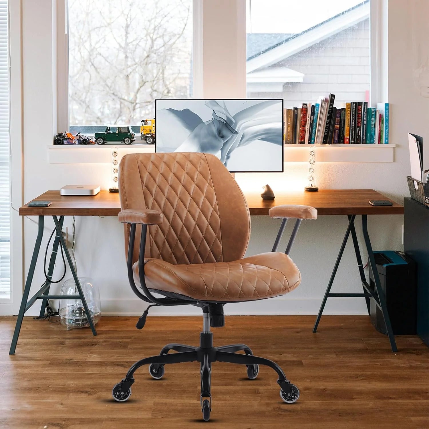 QW Home Office Desk Chair Office Rubber Casters Ergonomic Computer Chair with Lumbar Support Adjustable Height Rolling Swivel Executive Task Armrests Chair Brown Leather
