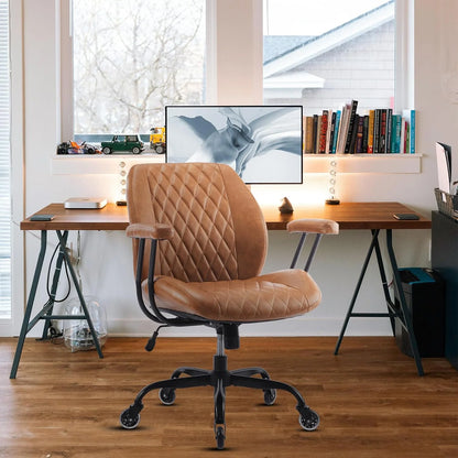 QW Home Office Desk Chair Office Rubber Casters Ergonomic Computer Chair with Lumbar Support Adjustable Height Rolling Swivel Executive Task Armrests Chair Brown Leather