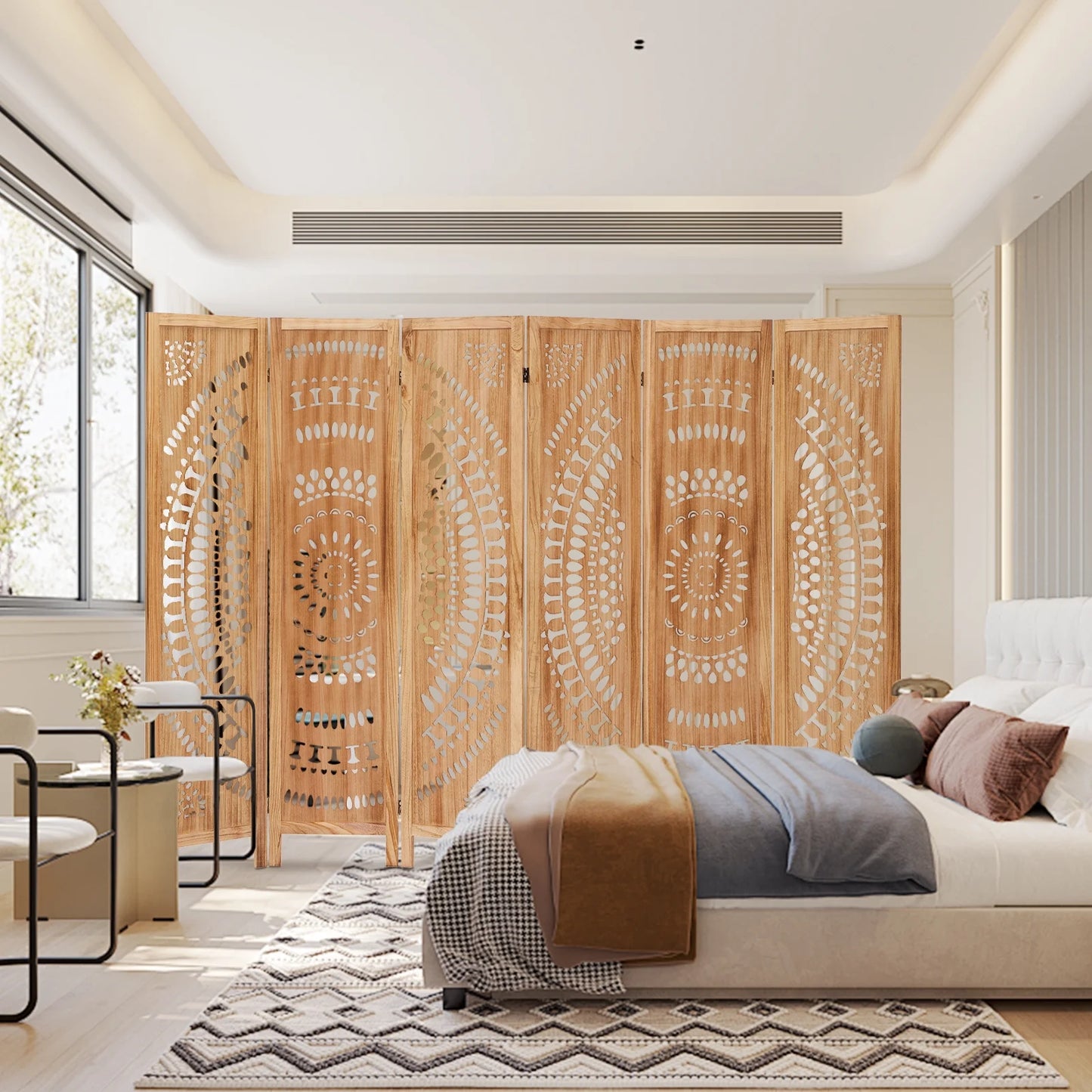 Aletheiawu 6 Panel Wood Carved Room Dividers, Folding Screens, No Installation Required, Light Brown