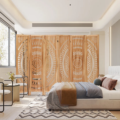 Aletheiawu 6 Panel Wood Carved Room Dividers, Folding Screens, No Installation Required, Light Brown
