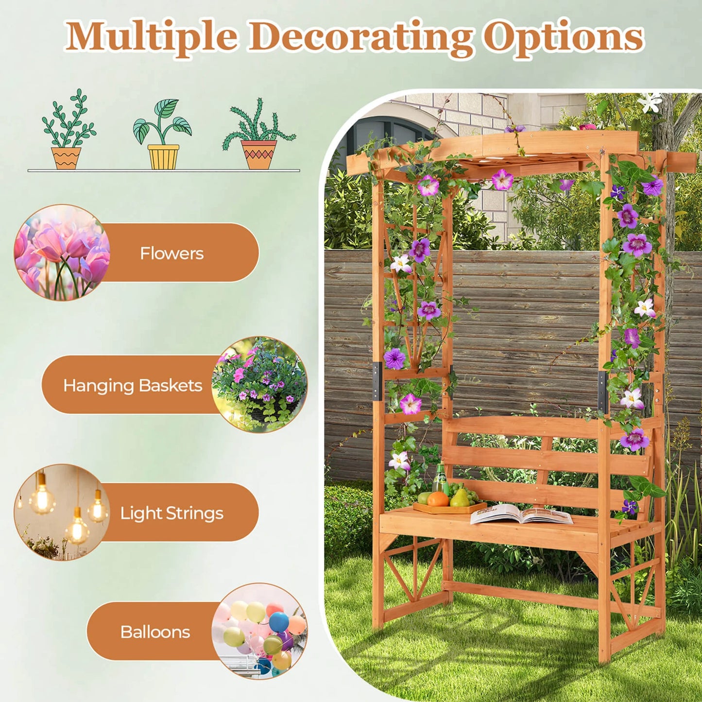 Patio Garden Arbor with Pergola Bench 2 Trellises for Climbing Plants Vines Grapes