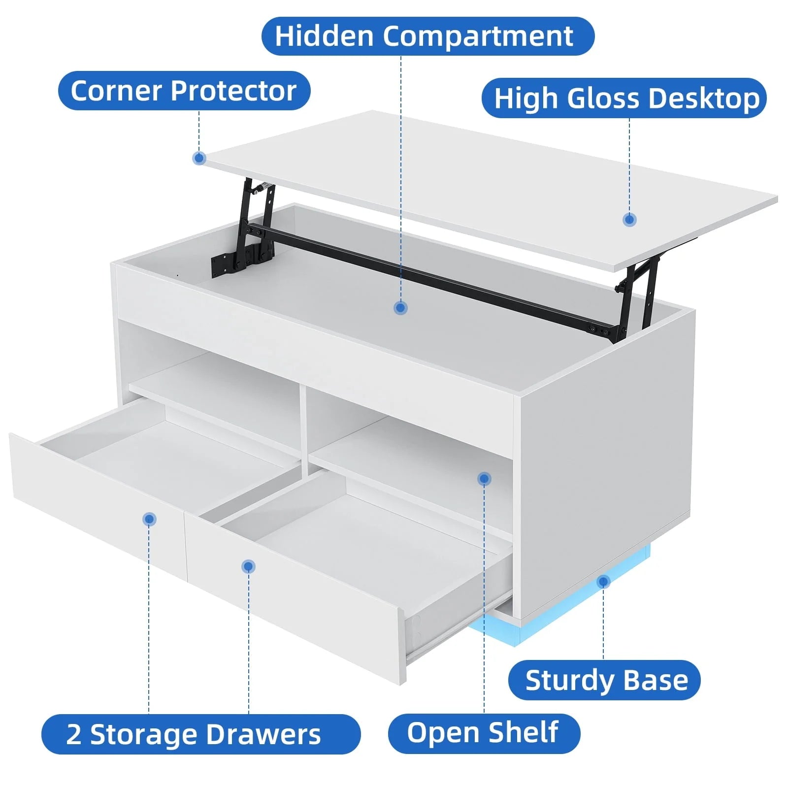 Hommpa Lift Top Coffee Table with 2 Drawers High Gloss Rectangle White Coffee Table with LED Lights and Hidden Storage for Living Room Home Office Center Cocktail Tables 25.19" Height