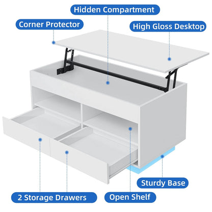 Hommpa Lift Top Coffee Table with 2 Drawers High Gloss Rectangle White Coffee Table with LED Lights and Hidden Storage for Living Room Home Office Center Cocktail Tables 25.19" Height
