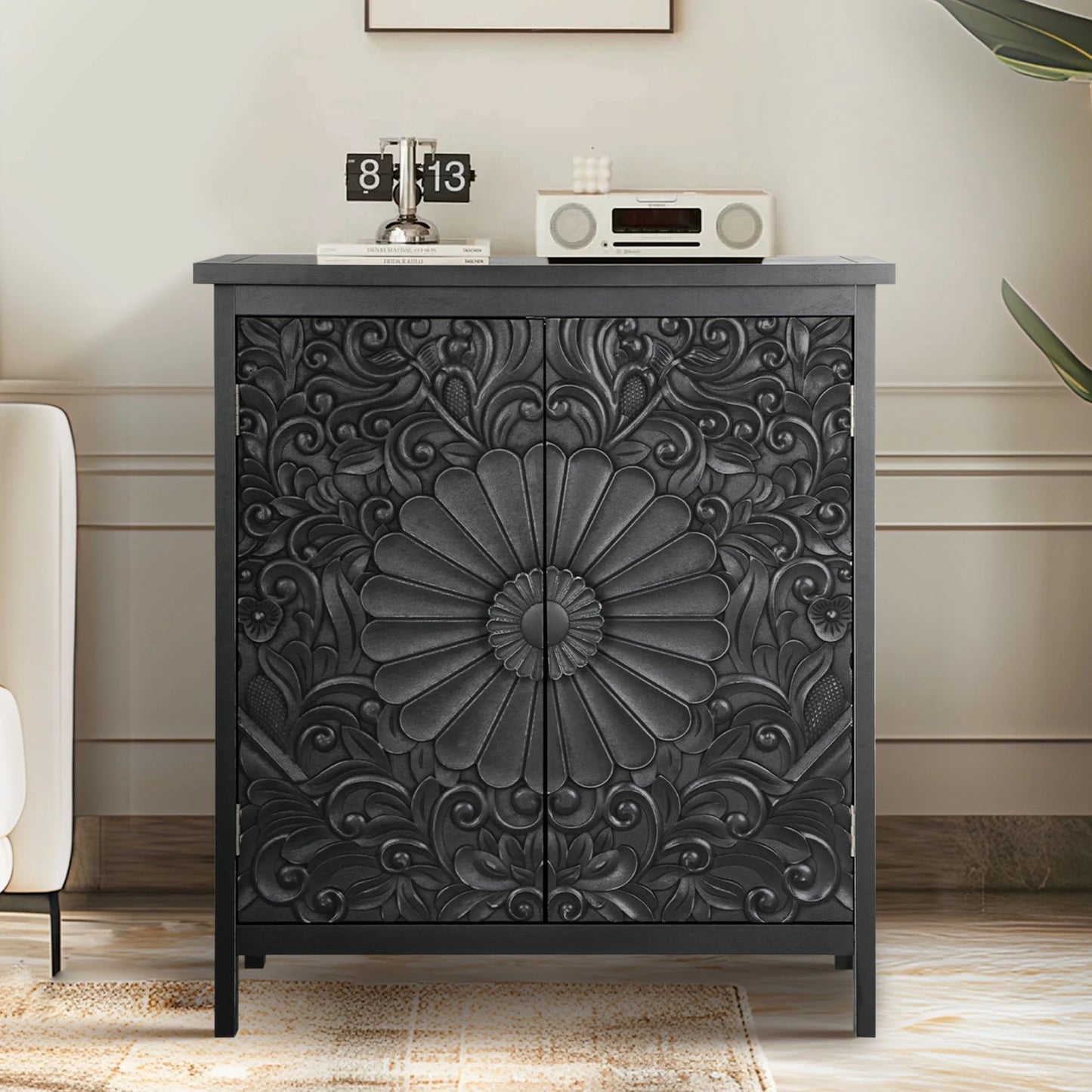 Alpha Joy Storage Cabinet with 2 Doors, Wood Accent Cabinet with Flower Pattern For Living Room, Dining Room, Black
