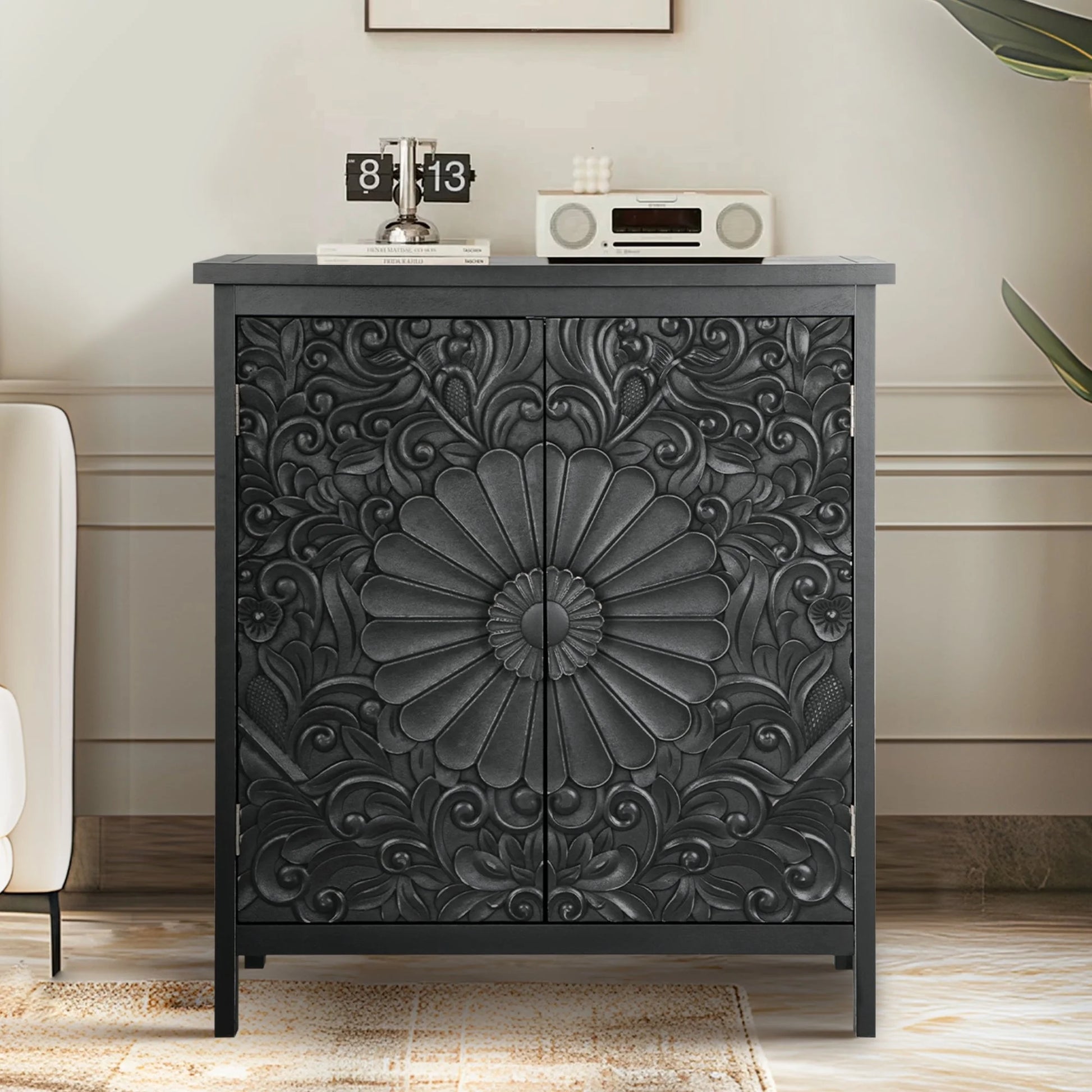 Alpha Joy Storage Cabinet with 2 Doors, Wood Accent Cabinet with Flower Pattern For Living Room, Dining Room, Black