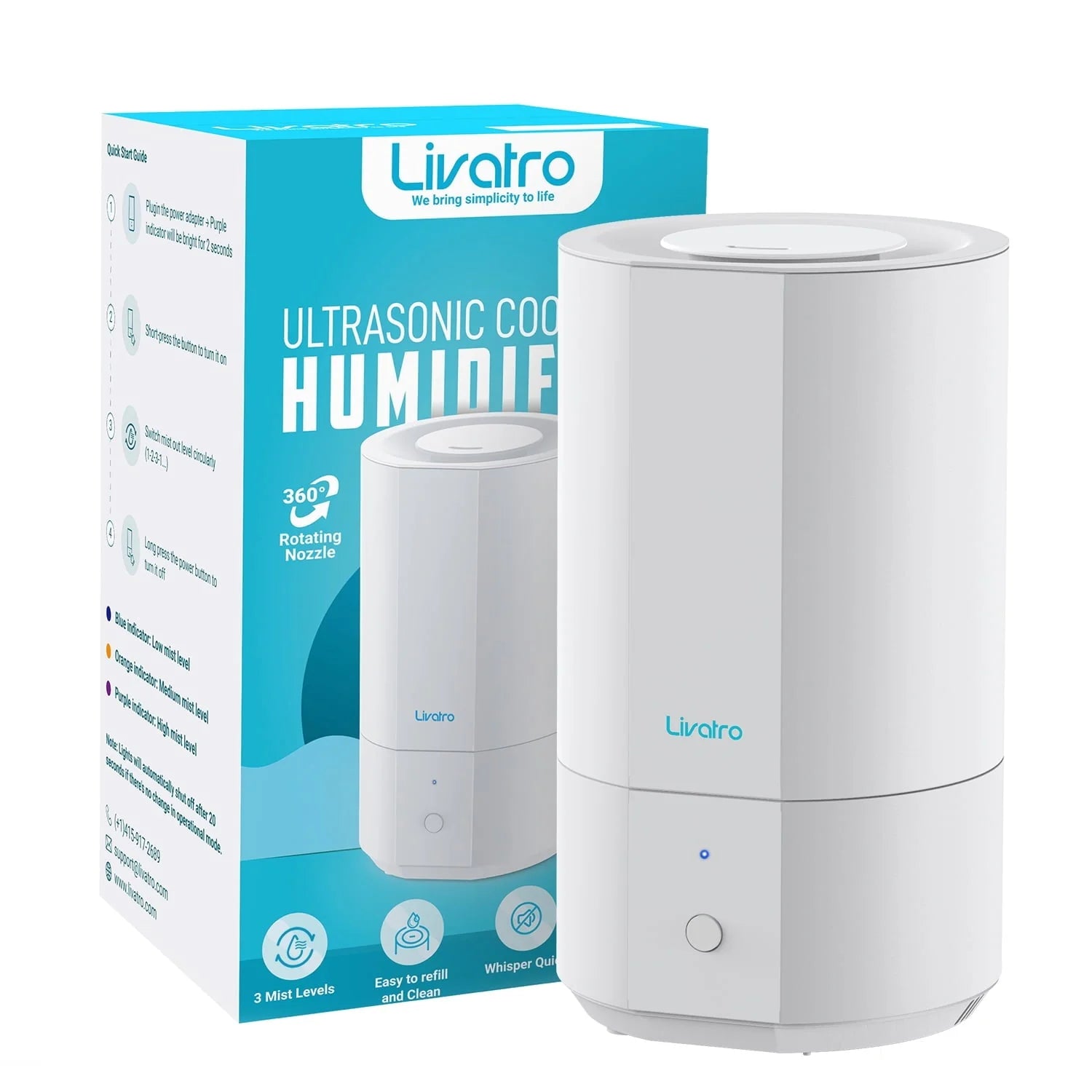 Livatro 4L Top Fill Humidifiers for Bedroom Large Room Nursery, Cool Mist Humidifier With Ultrasonic Quiet, Auto Shut-off and Easy to Clean, Last up to 40 Hours, White