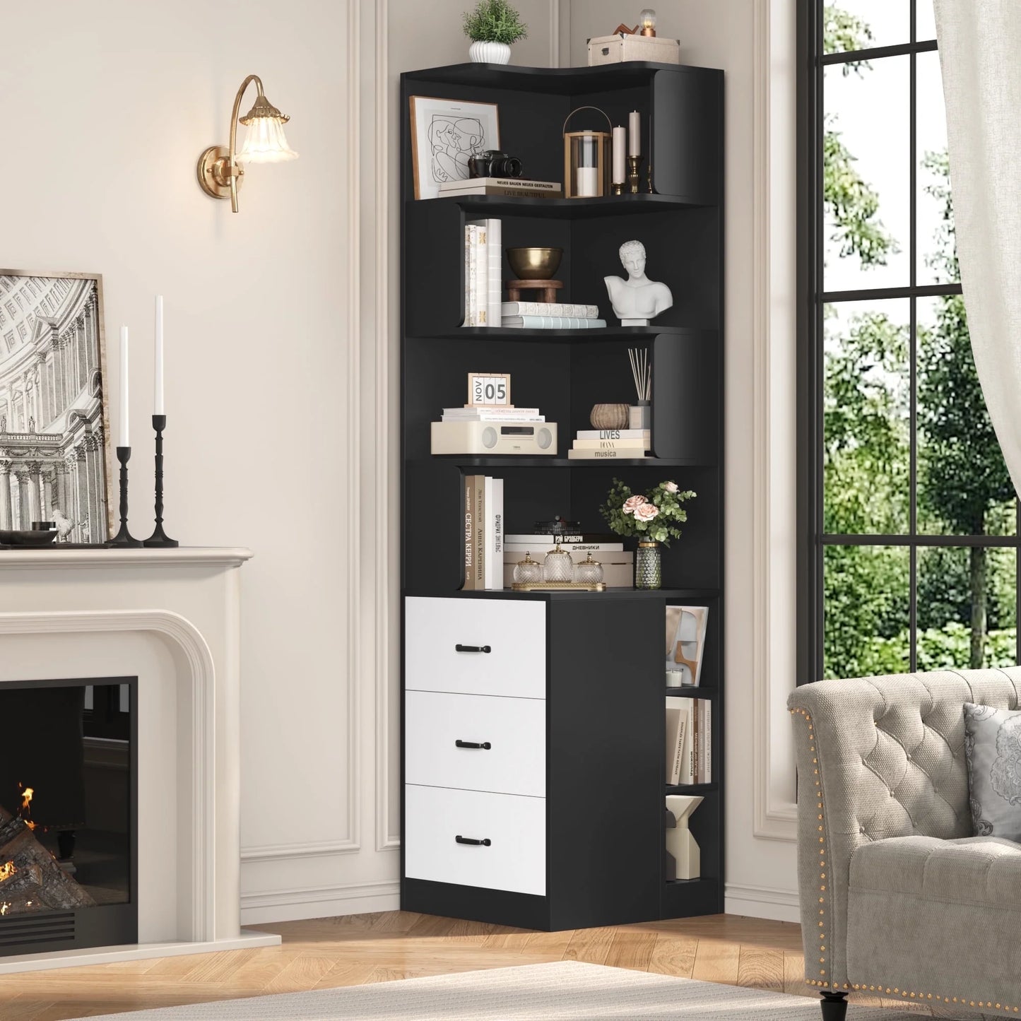 Hiphuta 77"Tall L-Shaped Corner Bookshelf with Drawers and Side Storage, Modern Wood Bookcase with 4-Tier Display Shelves Storage Cabinet for Living Room Home Office , Black