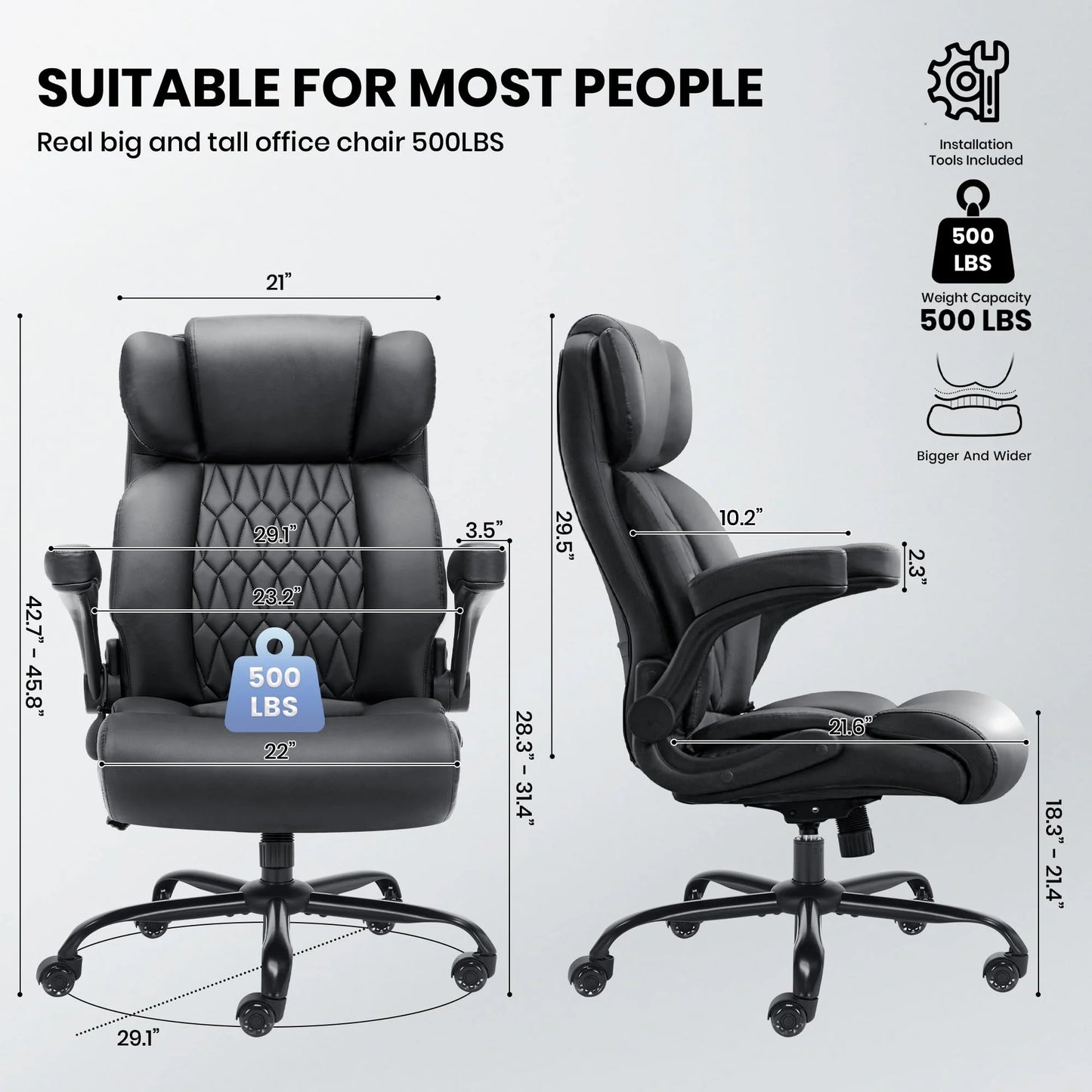 HomeZeer Big and Tall Office Chair 500LBS, High Back Executive PU Leather Chair with Adjustable Lumbar Support, Flip-Up Arms & Wide Seat, Heavy Duty on Rubber Wheels for Home Office, Black