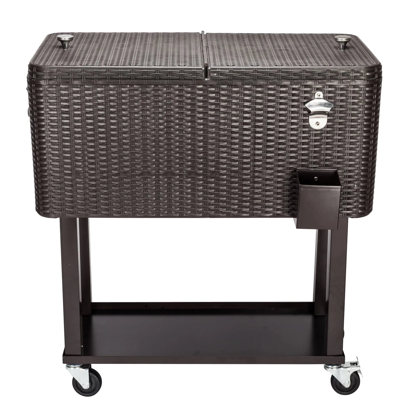 80QT Rattan Cooler with Shelf & Wheels - Insulated Outdoor Beverage Ice Chest for Parties, Patios, & Events - Durable Woven Design, Stainless Steel Accents, Keeps Cool 48 Hrs