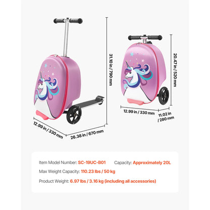 KFFKFF Ride-on Kids Luggage, 20L Capacity, 20-Inch Scooter Suitcase with Flashing PU Wheels, Adjustable Handle & Non-Slip Grip, Foldable and Lightweight Travel Companion for Children Aged 5+, Purple