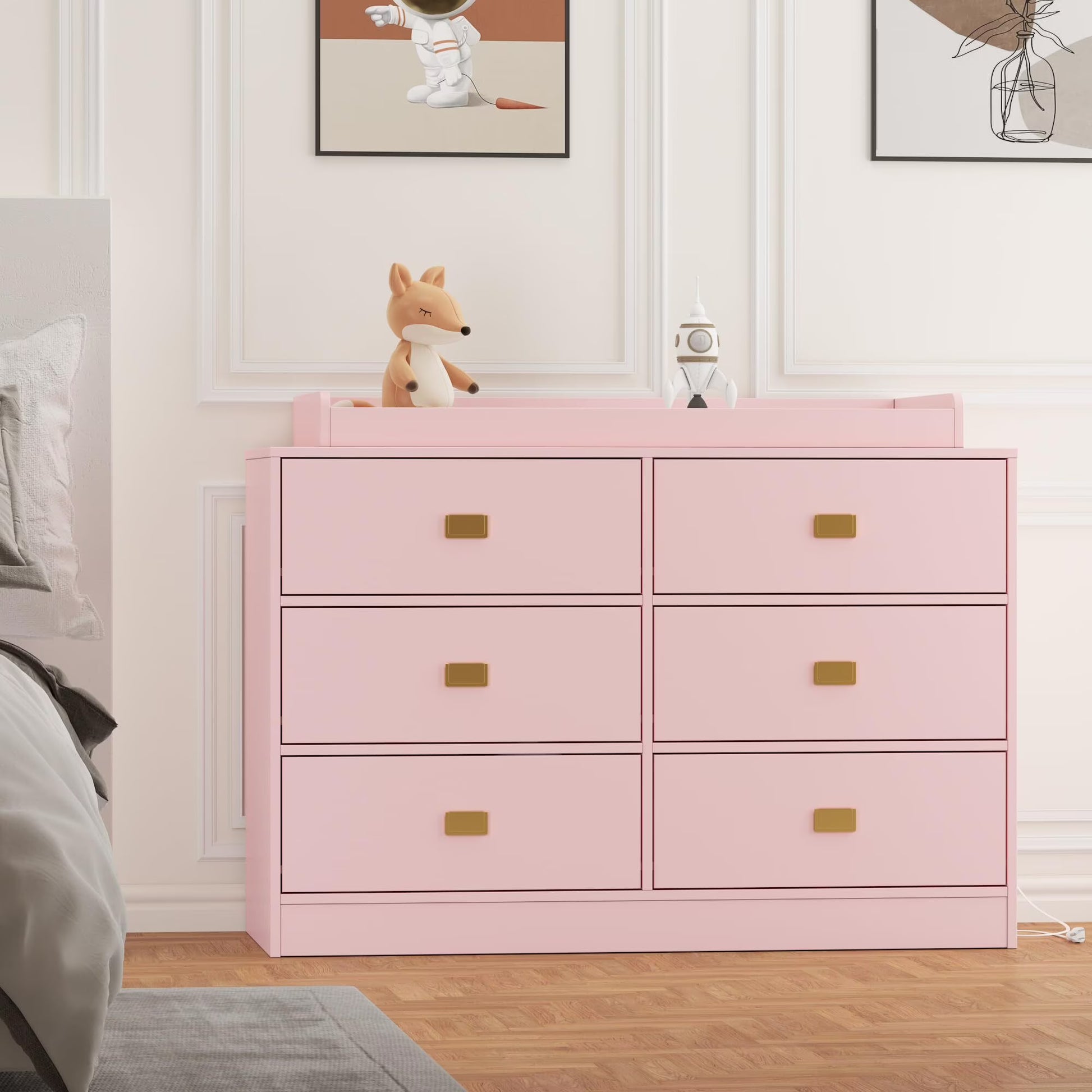 NEILA Changing Table Dresser with 6 Drawers and Power Outlets - Nursery Storage Organizer with Removable Changing Pad