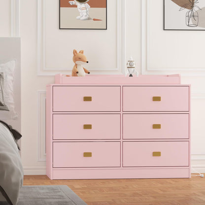NEILA Changing Table Dresser with 6 Drawers and Power Outlets - Nursery Storage Organizer with Removable Changing Pad