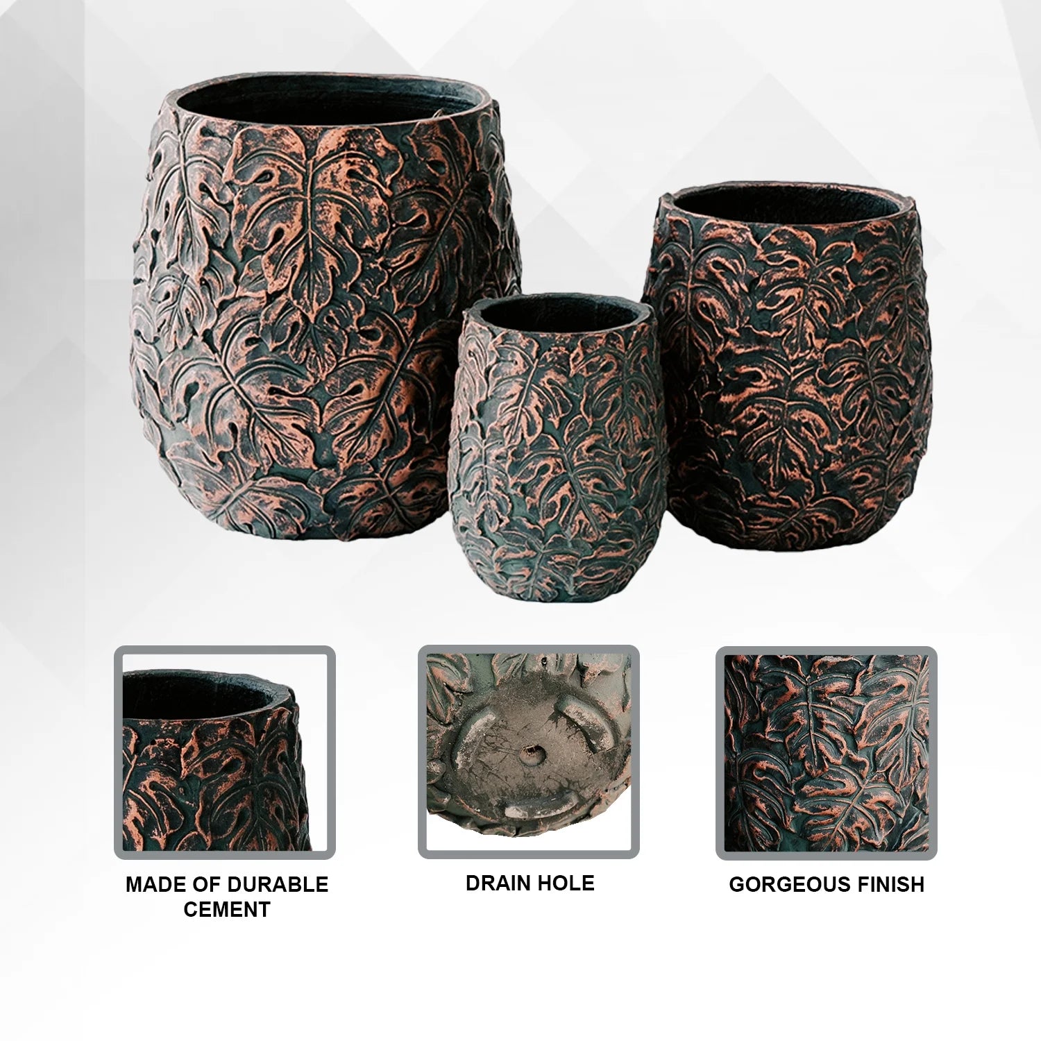 XBrand 19.3", 15.4" and 12.2"H Tall Beige and Golden Fiberstone/Cement Indoor Outdoor Planters (Set of 3), Modern Decorative Plant Pots with Drain Hole for All House Plants, Succulents & Flowers