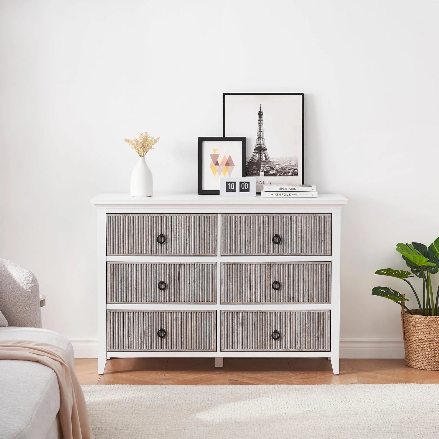 Homhougo White Dresser for Bedroom 6 Drawer, Wood Organizer Storage Cabinet with Gray Strip Drawer Door, Chest of Drawers for Closet, Living Room, Hallway, Nursery, Kids Bedroom