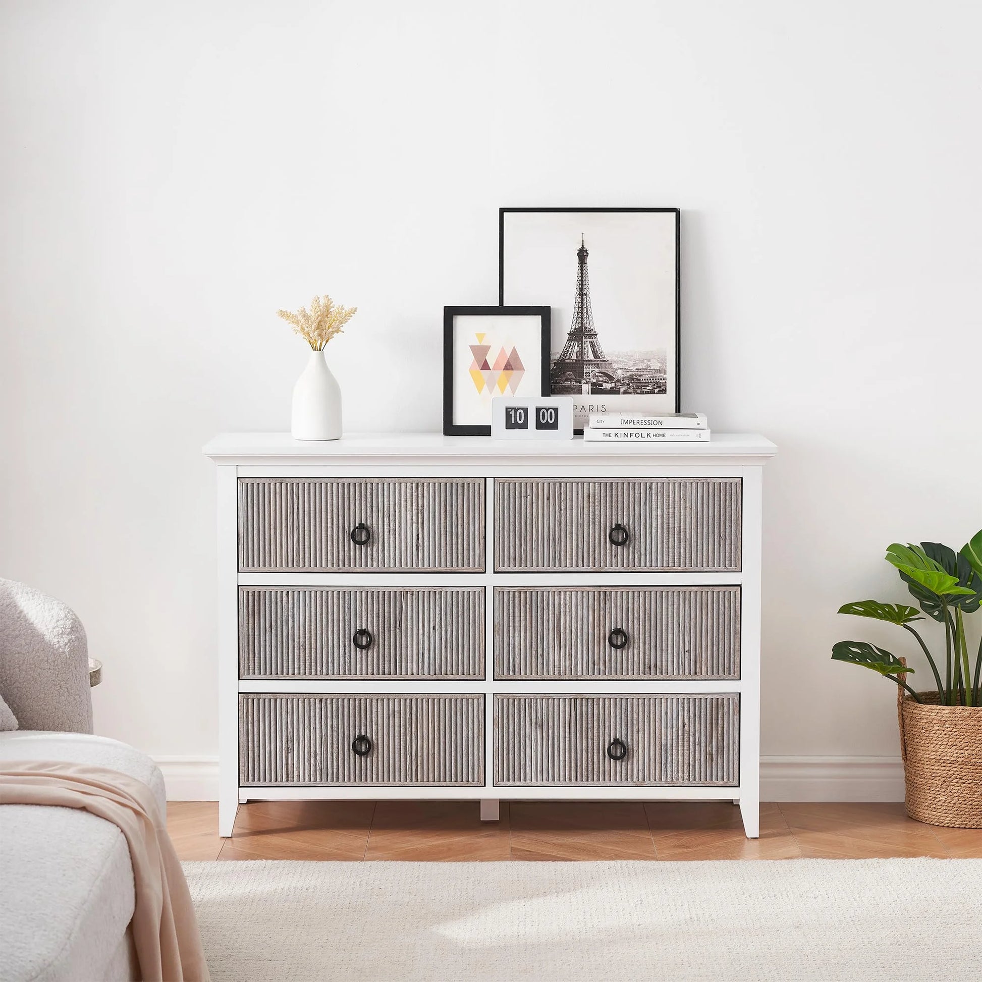 Homhougo White Dresser for Bedroom 6 Drawer, Wood Organizer Storage Cabinet with Gray Strip Drawer Door, Chest of Drawers for Closet, Living Room, Hallway, Nursery, Kids Bedroom